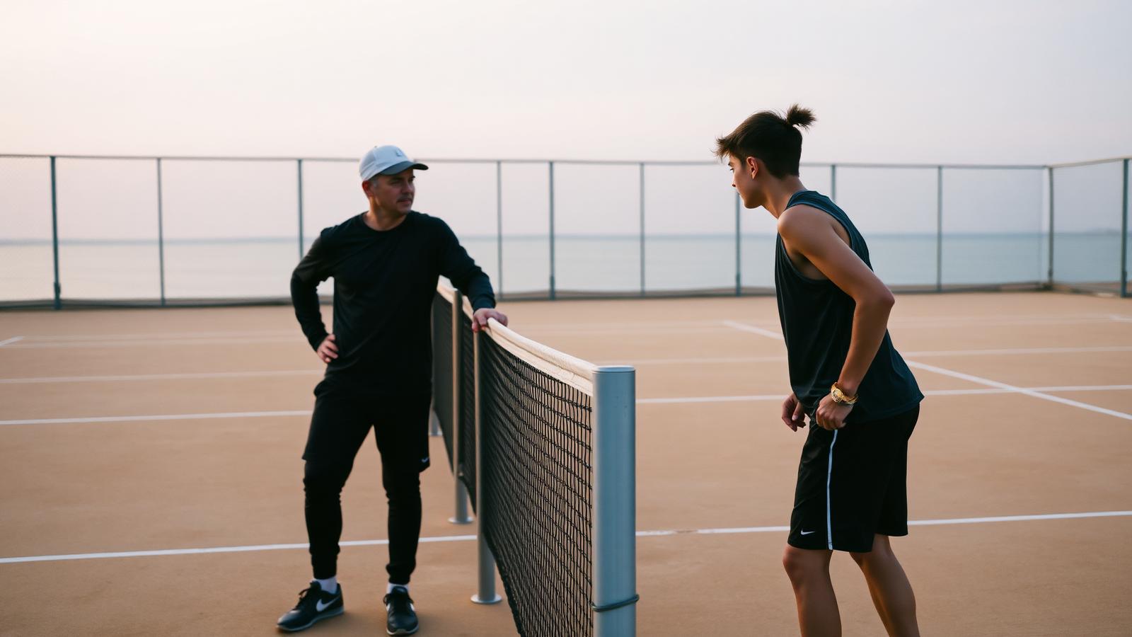 Coach and junior athlete talking courtside at sunrise