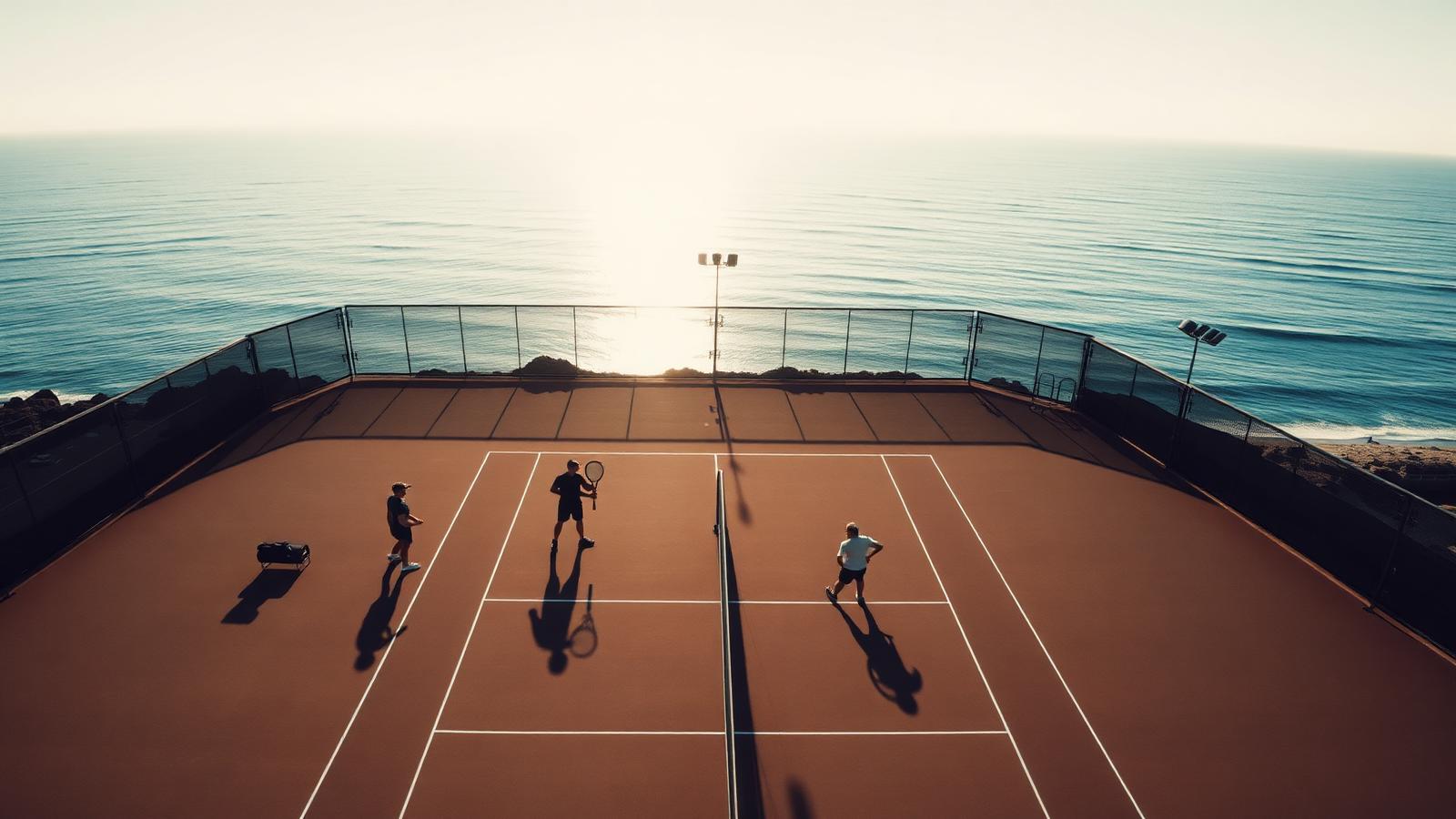 Coastal tennis court at sunrise